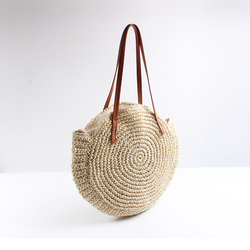 Handcrafted Round Basket Bag with Short Leather Handles Stornfield