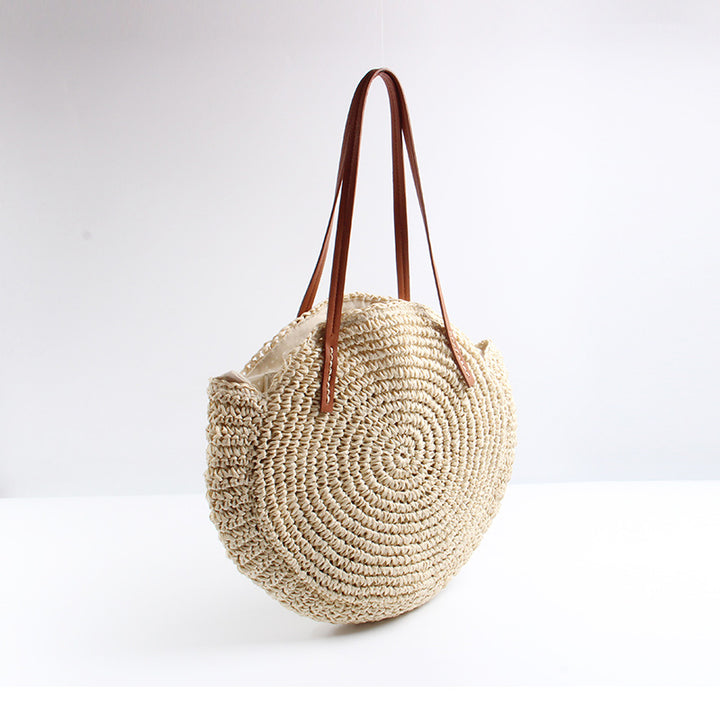 Handcrafted Round Basket Bag with Short Leather Handles Stornfield