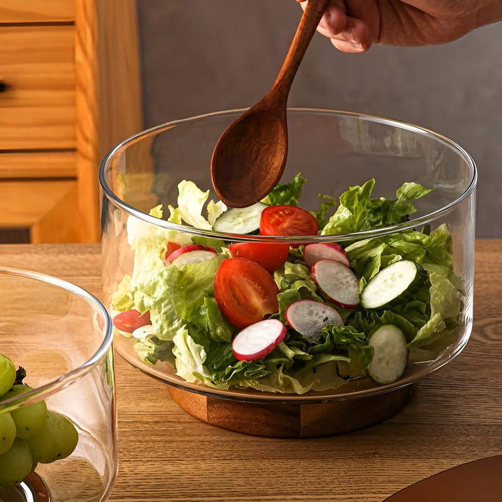 Glass bowl with wooden base – Elegant and decorative | Perfect for fruit, snacks, and salads in the kitchen | Stornfield
