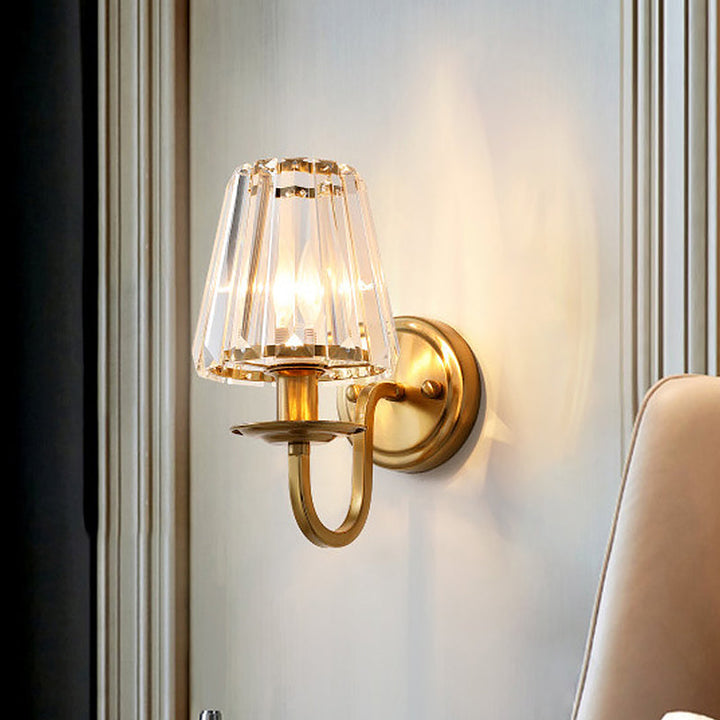 Modern Cone Wall Light Fixture 1 Head K9 Crystal Wall Sconce in Gold with Arched Arm | Stornfield