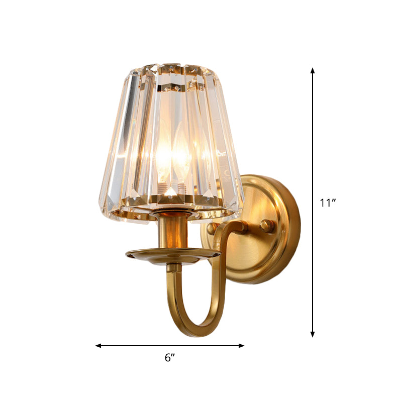 Modern Cone Wall Light Fixture 1 Head K9 Crystal Wall Sconce in Gold with Arched Arm | Stornfield