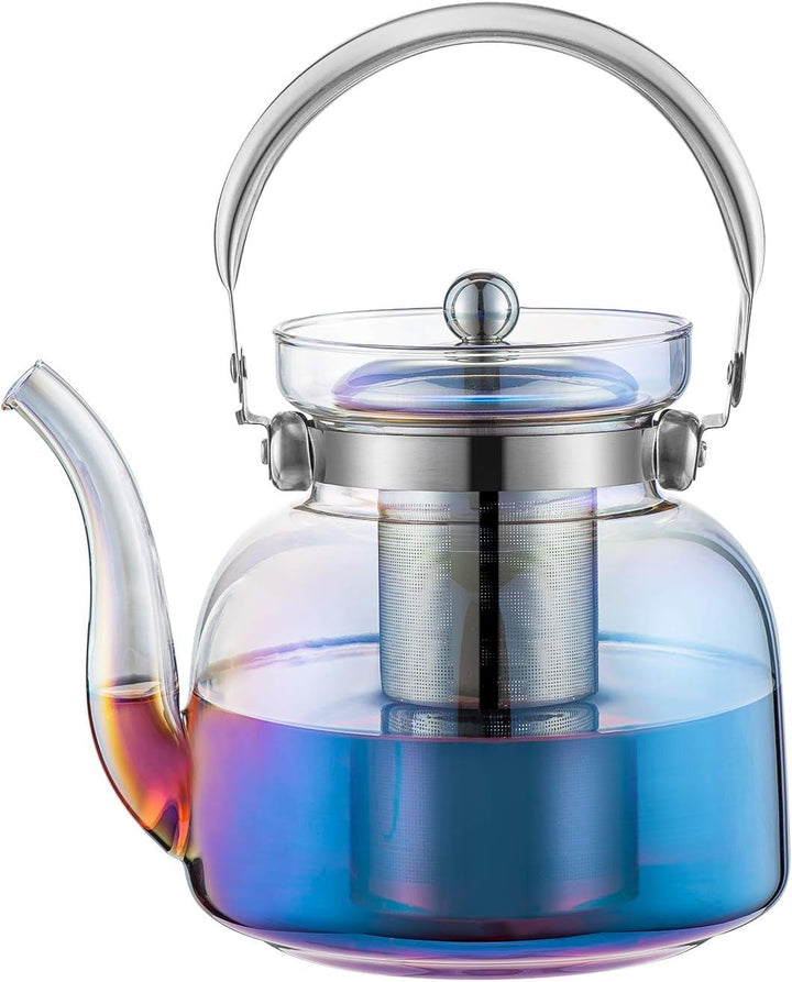 Stornfield | 50 Oz(1500ml) Glass Teapot with Lid, Removable Stainless Steel Tea Infuser and Handle, Stove Top Safe Teapot for Blooming and Loose Leaf Tea (Iridescent)