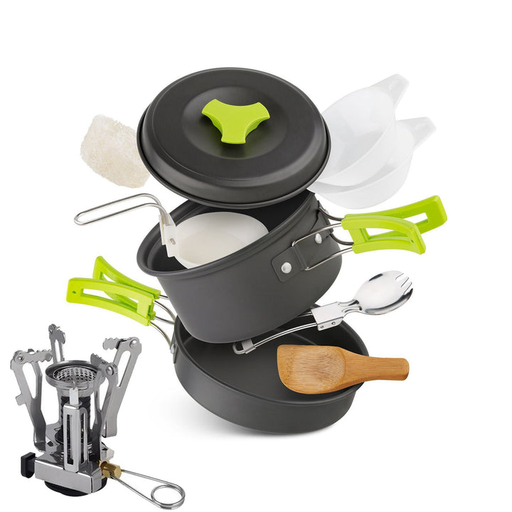 lightweight nesting camping cookware set with folding heat-resistant handles integrated compact stove and utensils Stornfield