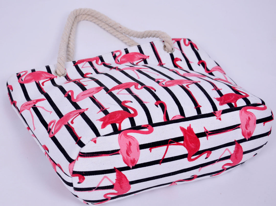 Beach bag with flamingo pattern and sturdy rope handles Stornfield