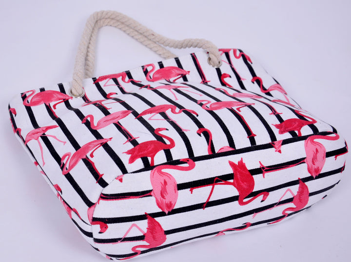 Beach bag with flamingo pattern and sturdy rope handles Stornfield