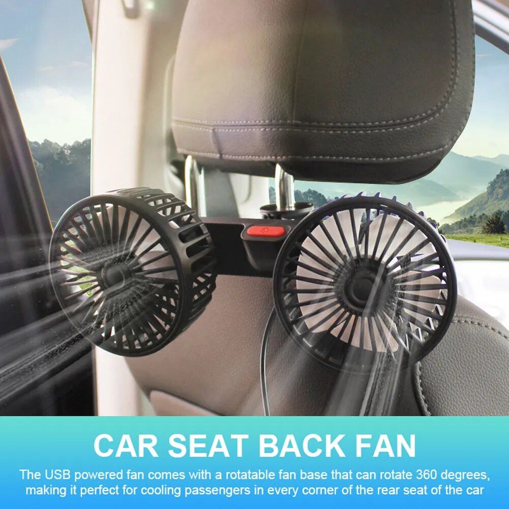 Dual Head USB Car Fan with 360° Rotation for 12V/24V Vehicles | Stornfield