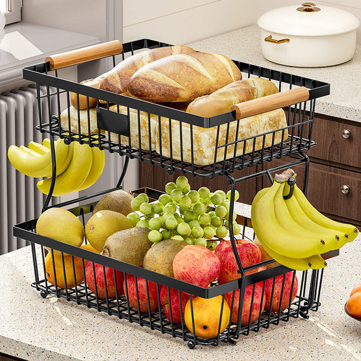 Stornfield | 2-Tier Metal Fruit & Vegetable Storage Rack with Hooks