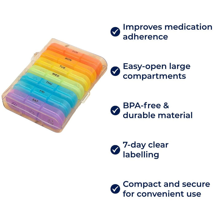 MediTrack | Weekly Pill Organizer – Improves Medication Adherence - Easy‑Open Large Compartments – BPA‑Free Durable – Travel & Seniors Stornfield