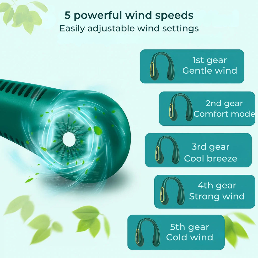 CoolEase | Portable Neck Fan – Hands-Free Bladeless Cooling – Five Speeds USB-C – Travel Office Commute Stornfield