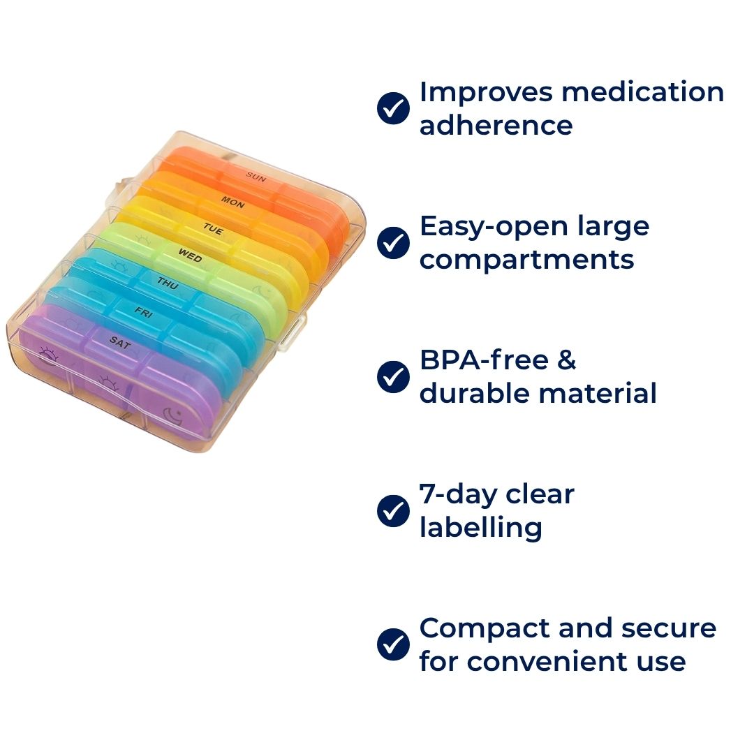 MediTrack | Weekly Pill Organizer – Improves Medication Adherence - Large and Easy-Open Compartments – Durable and BPA-Free – Travel & Seniors Stornfield