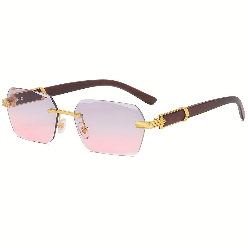 Rimless Sunglasses with Rectangular Lenses and Faux Wood Temples – Verro | Stornfield