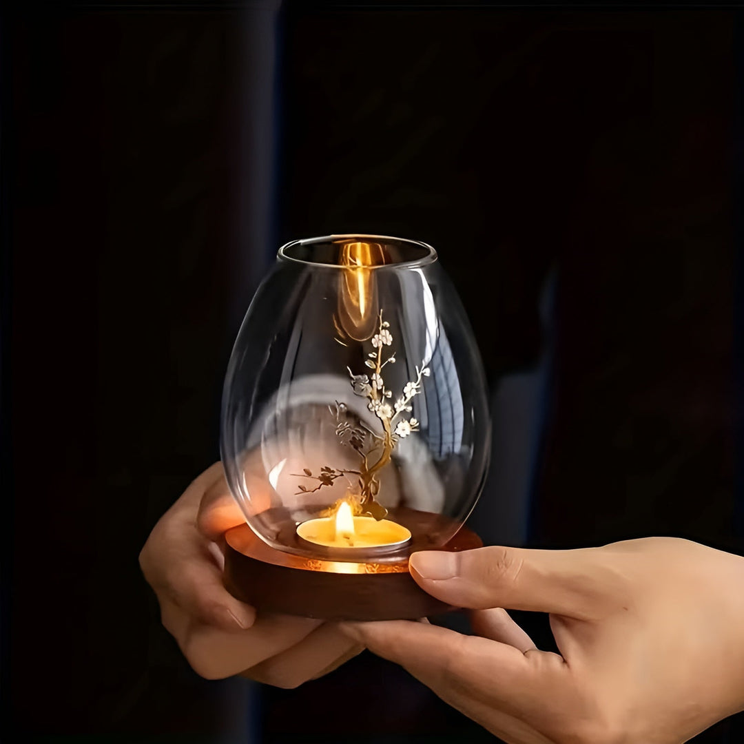 2-piece set glass candle holders with wooden base - decorative in retro zen style | perfect for living room, taStornfielde decoration and outdoor | Stornfield