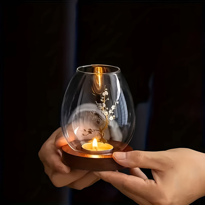 2-piece set glass candle holders with wooden base - decorative in retro zen style | perfect for living room, taStornfielde decoration and outdoor | Stornfield