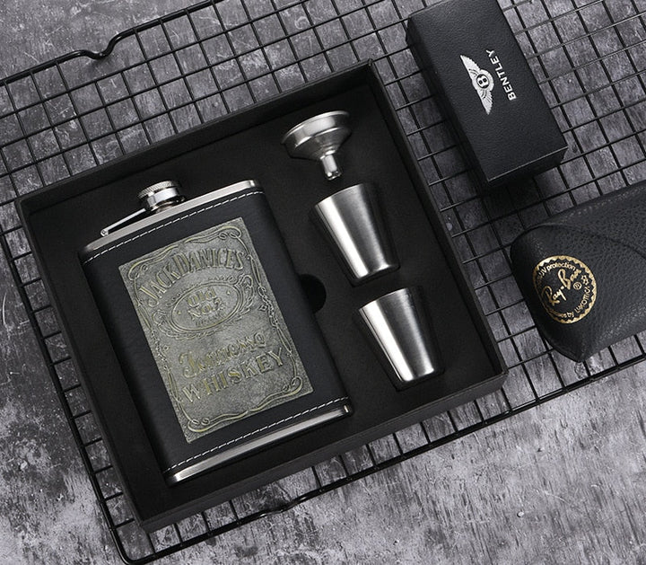 Stornfield | 8oz Stainless Steel Whiskey Bottle Alcohol Funnel Hip Flask Packed in a Golden Silk Fabric Gift Box