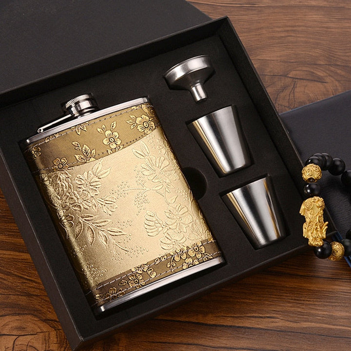 Stornfield | 8oz Stainless Steel Whiskey Bottle Alcohol Funnel Hip Flask Packed in a Golden Silk Fabric Gift Box