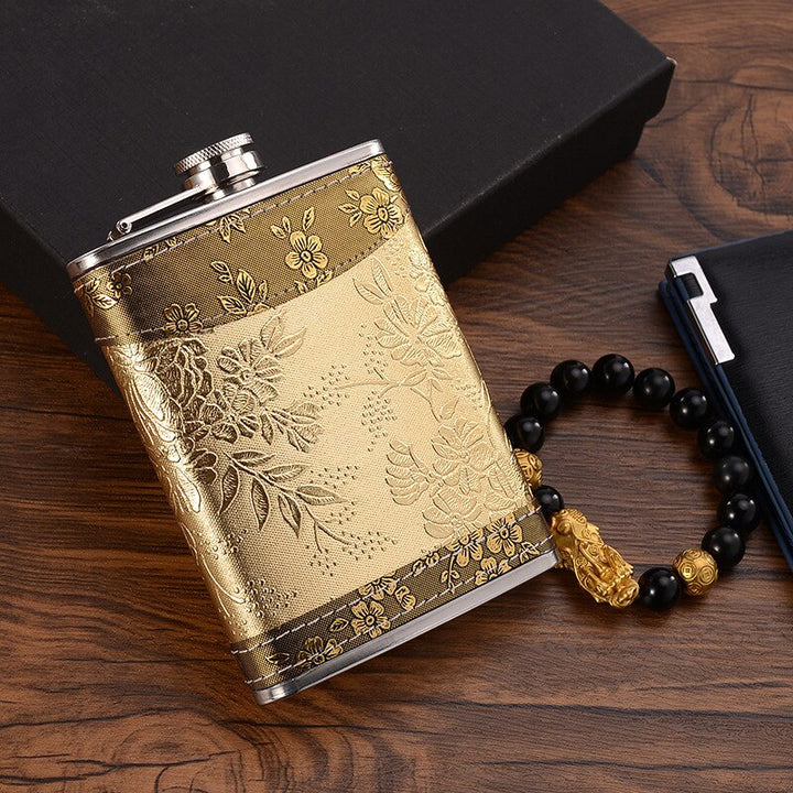Stornfield | 8oz Stainless Steel Whiskey Bottle Alcohol Funnel Hip Flask Packed in a Golden Silk Fabric Gift Box