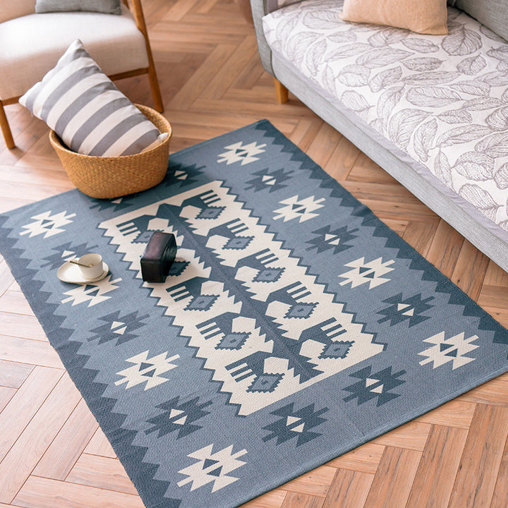 Flat-woven cotton runner with Mediterranean tile jacquard and decorative fringes Stornfield