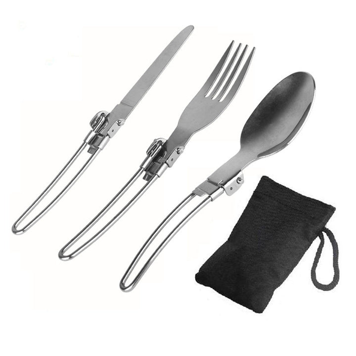 Foldable Stainless Steel Camping Cutlery Set with Locking Hinge and Carry Pouch Stornfield