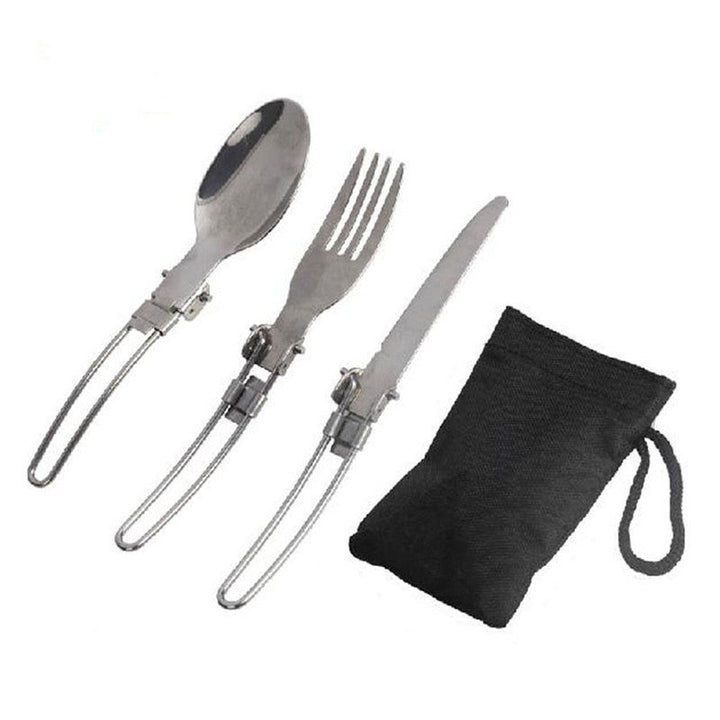 Foldable Stainless Steel Camping Cutlery Set with Locking Hinge and Carry Pouch Stornfield
