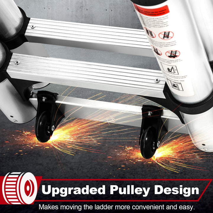 5M Aluminum Telescopic Ladder Folding Ladder with Wheels and Triangle Stabilizer | Stornfield