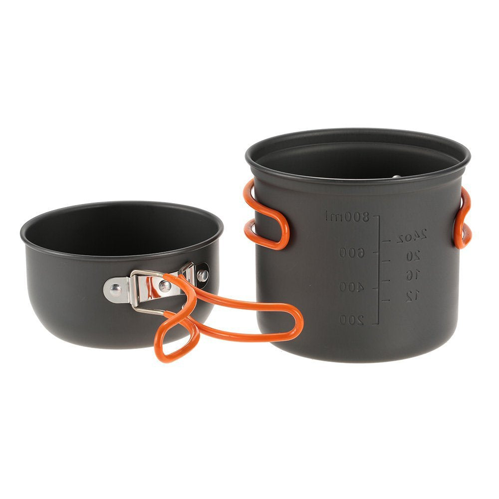 lightweight anodized aluminum backpacking cook set with nesting pots, foldable heat-resistant handles and compact folding gas stove Stornfield