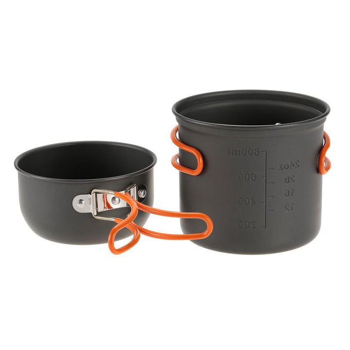 lightweight anodized aluminum backpacking cook set with nesting pots, foldable heat-resistant handles and compact folding gas stove Stornfield