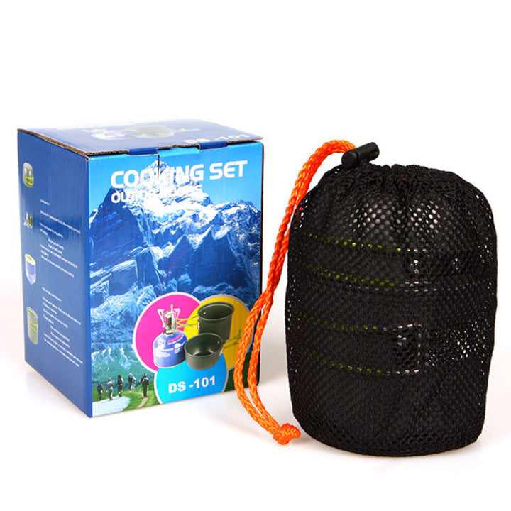 lightweight packable backpacking cookware and compact gas stove set with nonstick nesting pots and folding handles Stornfield