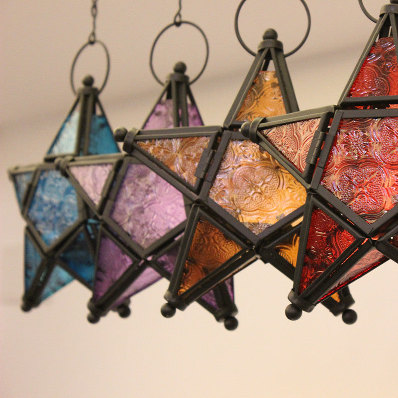 Moroccan-Inspired Stained Glass Star Hanging Lanterns with Embossed Panels Stornfield