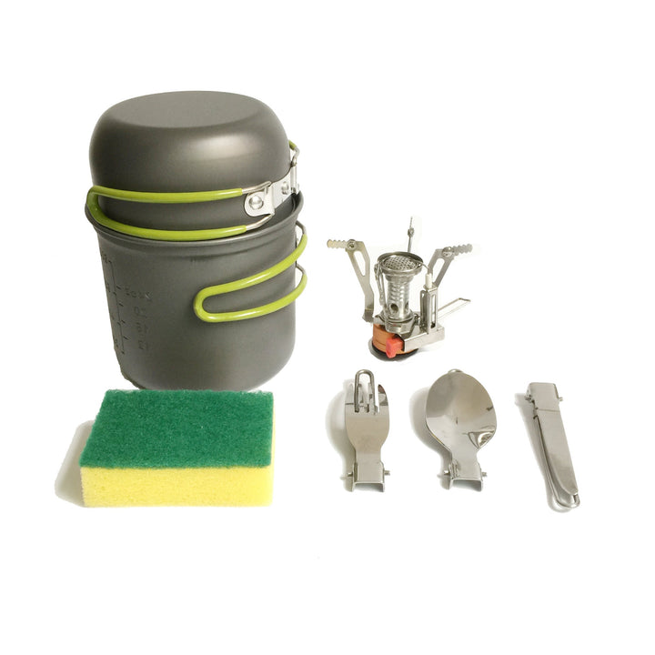 lightweight packable backpacking cookware and compact gas stove set with nonstick nesting pots and folding handles Stornfield