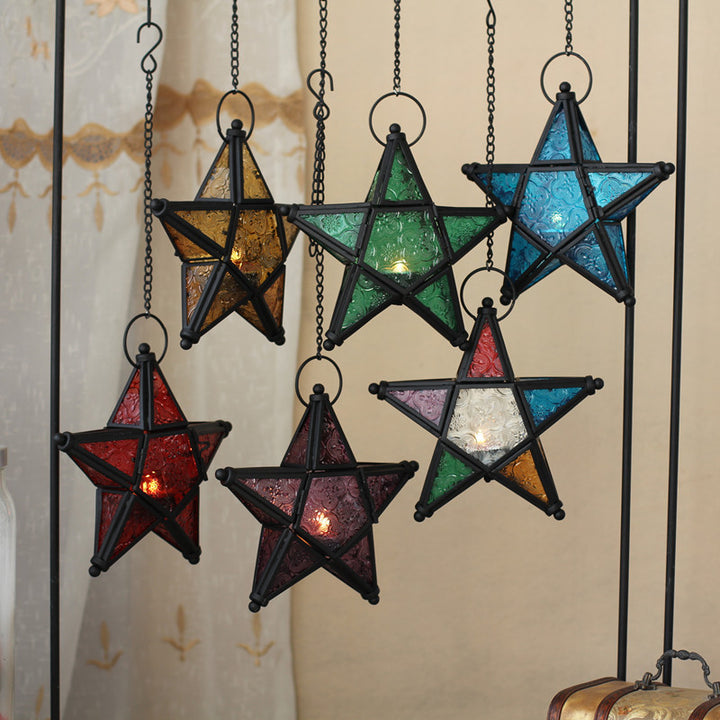 Moroccan-Inspired Stained Glass Star Hanging Lanterns with Embossed Panels Stornfield