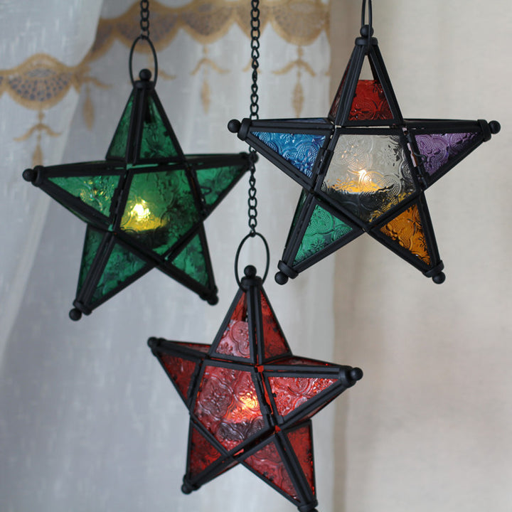 Moroccan-Inspired Stained Glass Star Hanging Lanterns with Embossed Panels Stornfield