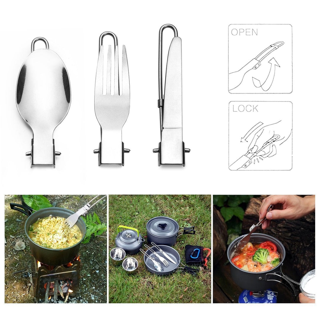 Foldable Stainless Steel Camping Cutlery Set with Locking Hinge and Carry Pouch Stornfield