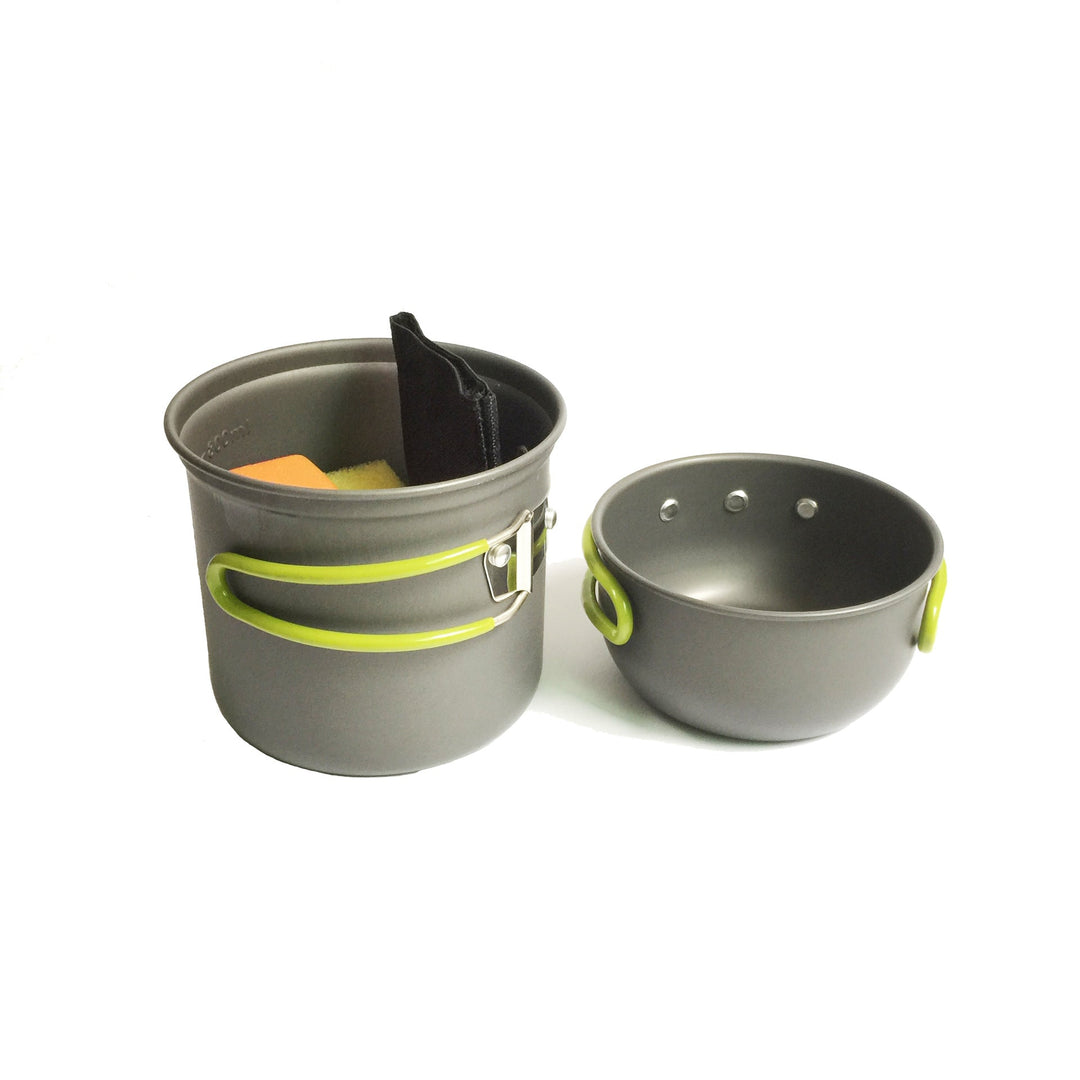 lightweight packable backpacking cookware and compact gas stove set with nonstick nesting pots and folding handles Stornfield