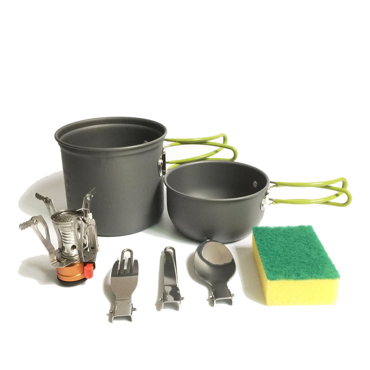 lightweight packable backpacking cookware and compact gas stove set with nonstick nesting pots and folding handles Stornfield