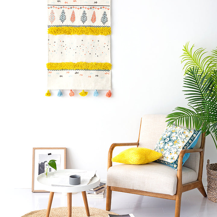 Wall tapestry in Scandi-Boho style with tufting stripes, tassels, and wooden rod Stornfield