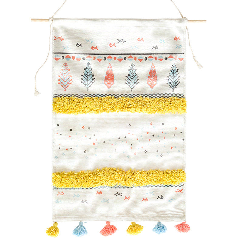 Wall tapestry in Scandi-Boho style with tufting stripes, tassels, and wooden rod Stornfield