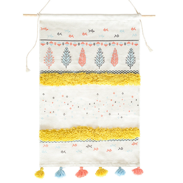 Wall tapestry in Scandi-Boho style with tufting stripes, tassels, and wooden rod Stornfield