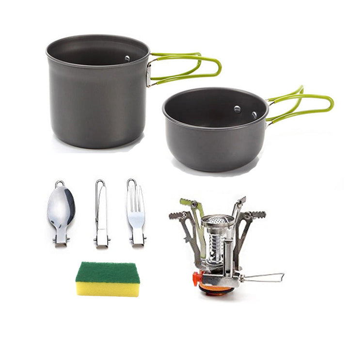 lightweight packable backpacking cookware and compact gas stove set with nonstick nesting pots and folding handles Stornfield