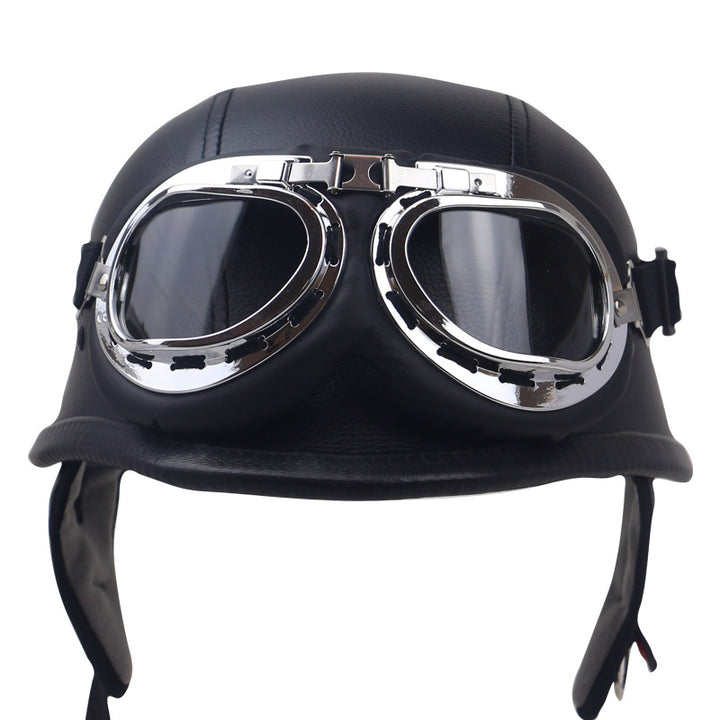 Vintage Leather Motorcycle Helmet with Goggles Stornfield