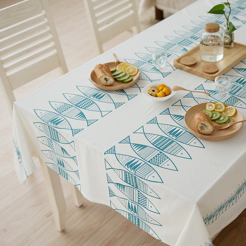 Rectangular cotton blend tablecloth with decorative fish jacquard and easy-care finish Stornfield