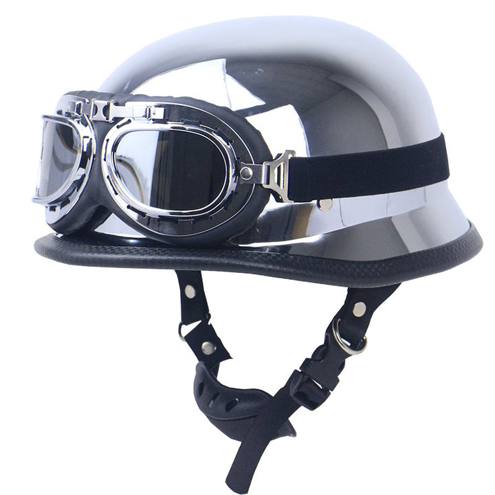 Chrome-Plated Vintage Motorcycle Helmet with Protective Goggles Stornfield