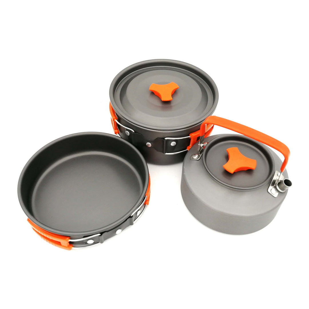 lightweight nonstick camping cookware set with folding kettle pot pan stainless utensils silicone trivet and carry pouch Stornfield