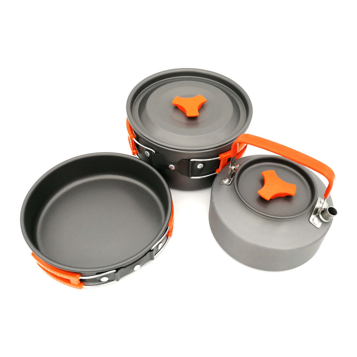 lightweight nonstick camping cookware set with folding kettle pot pan stainless utensils silicone trivet and carry pouch Stornfield