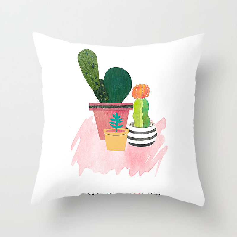 Decorative Square Throw Pillow Cover with Printed Potted Succulent Illustration and Hidden Zipper