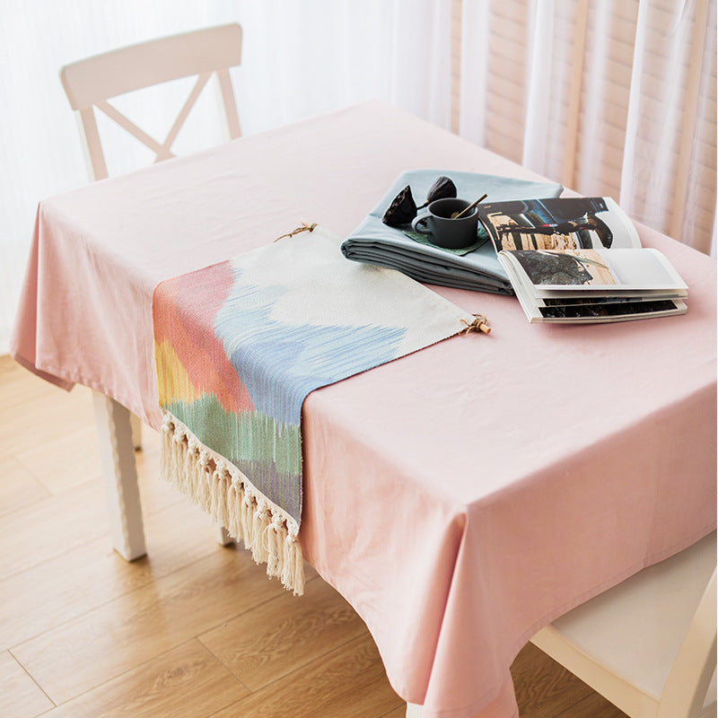 Woven Boho table runner with fringes and abstract watercolor pattern Stornfield