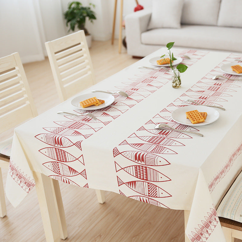 Rectangular cotton blend tablecloth with decorative fish jacquard and easy-care finish Stornfield
