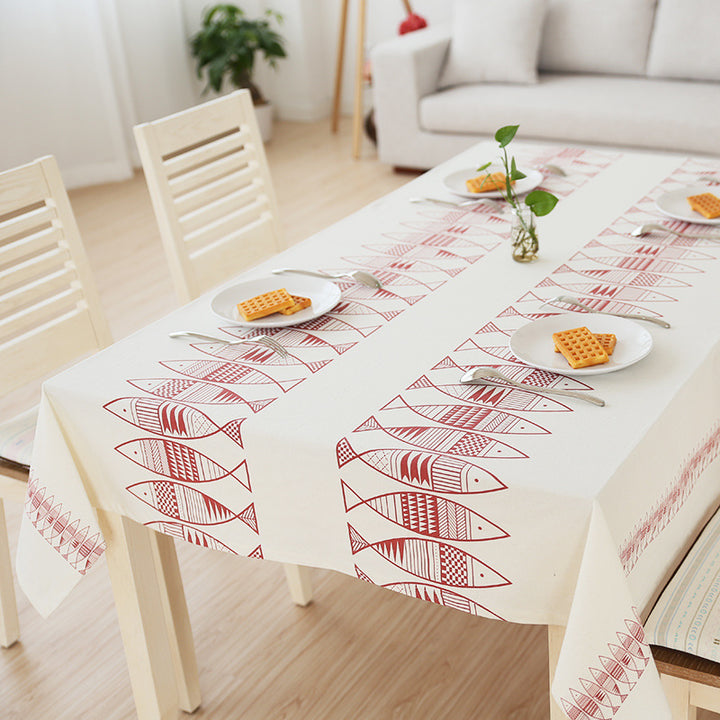 Rectangular cotton blend tablecloth with decorative fish jacquard and easy-care finish Stornfield