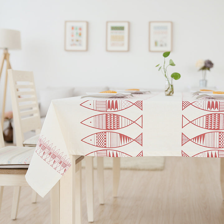 Rectangular cotton blend tablecloth with decorative fish jacquard and easy-care finish Stornfield