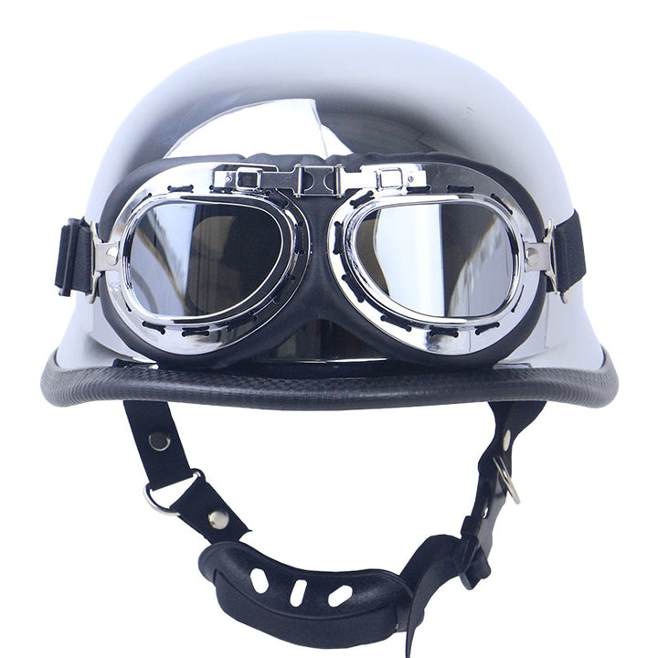 Chrome-Plated Vintage Motorcycle Helmet with Protective Goggles Stornfield