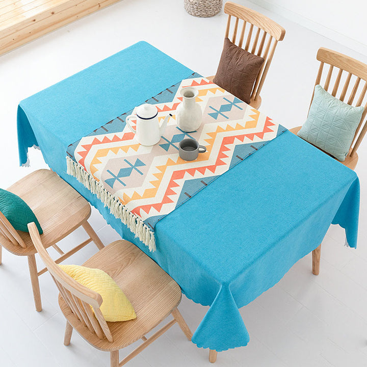 Flat-woven cotton carpet runner with ethnic diamond pattern and decorative fringes Stornfield